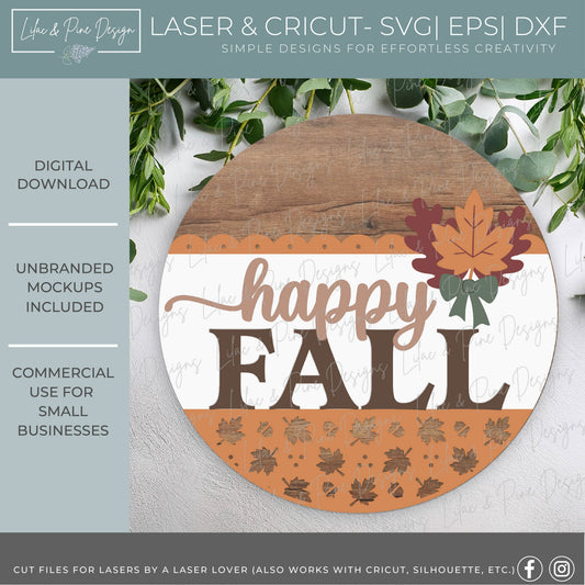 Coquette Style Happy Fall Door Hanger SVG - Fall Leaves Welcome sign - Autumn porch decor - Digital download for lasers - Cricut compatible