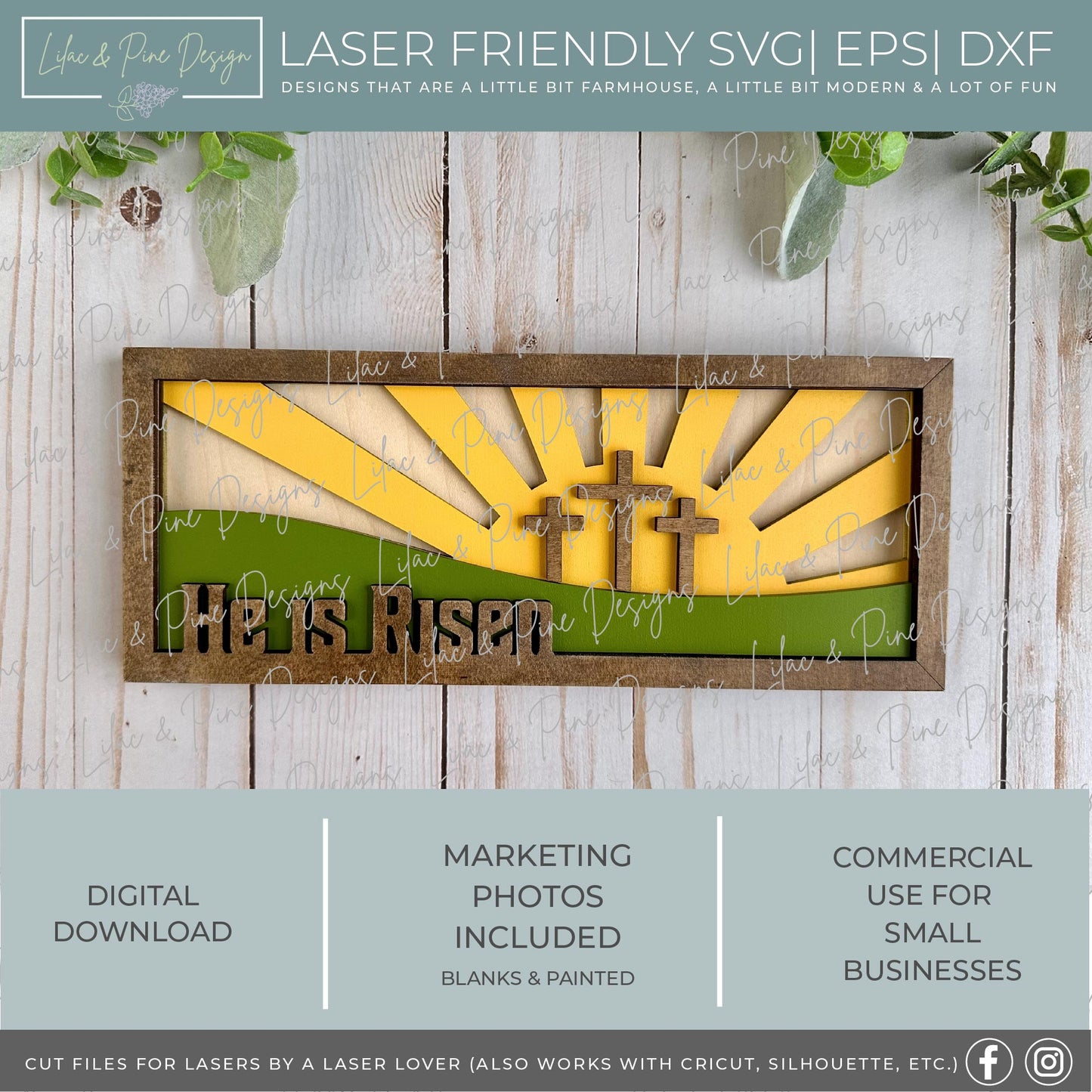 He Is Risen SVG | Christian Easter Sign SVG | Cross Easter Shelf Sitter | Religious Easter Laser Cut File | Glowforge SVG | Spring Decor