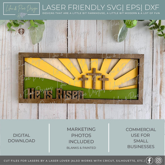 He Is Risen SVG | Christian Easter Sign SVG | Cross Easter Shelf Sitter | Religious Easter Laser Cut File | Glowforge SVG | Spring Decor