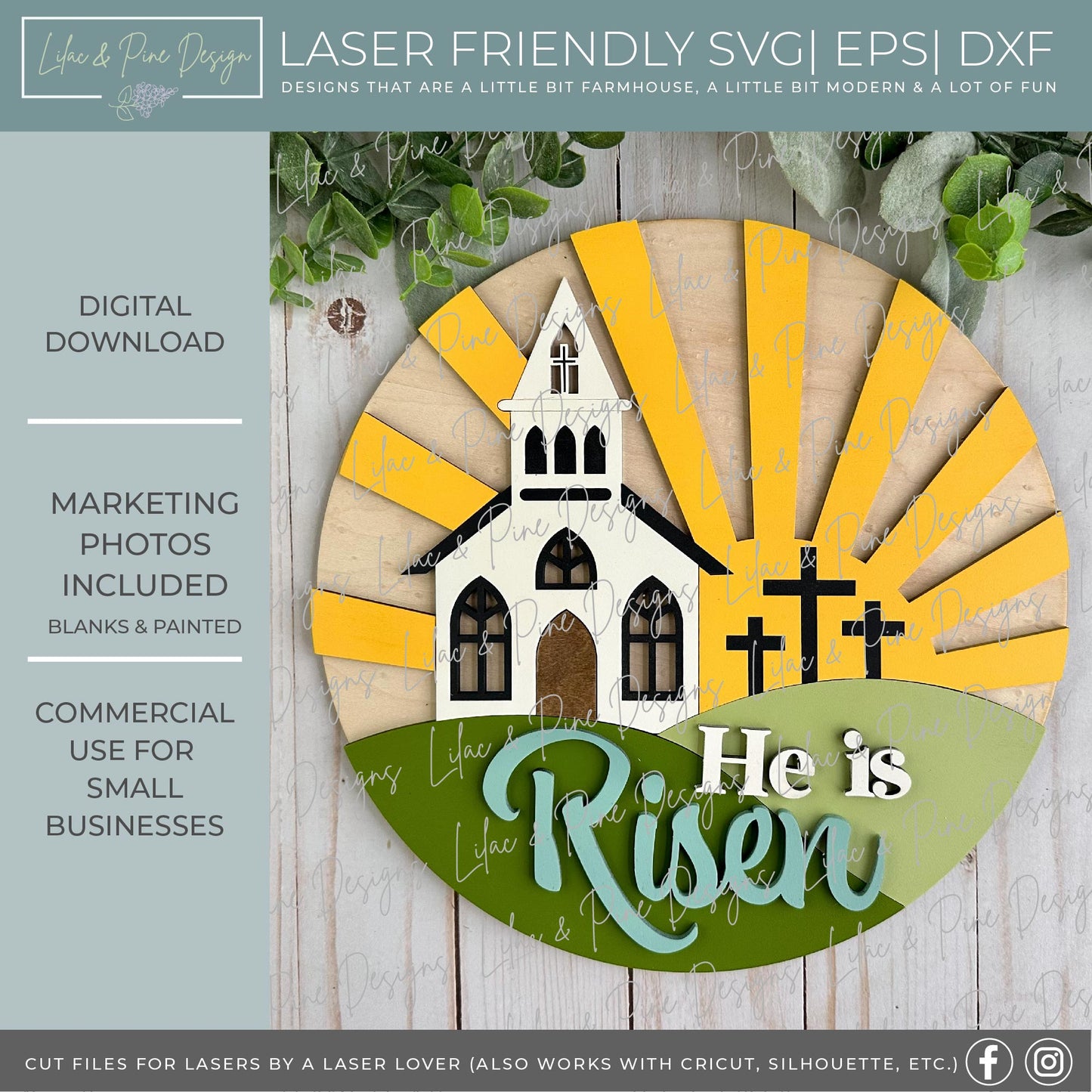 He Is Risen SVG | Christian Easter Door Hanger SVG | Church Easter Welcome Sign | Religious Easter Decor | Laser Cut File | Glowforge SVG