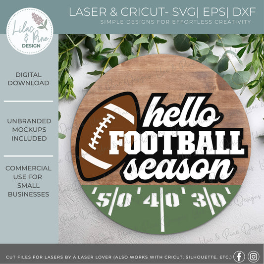 Hello Football Season SVG - Retro inspired football door hanger SVG - laser cut file: Glowforge, xTool, Lightburn - Cricut SVG