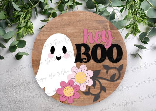 Hey Boo Ghost Round SVG | Halloween Floral Door Hanger Laser Cut File | Cute Halloween Sign SVG