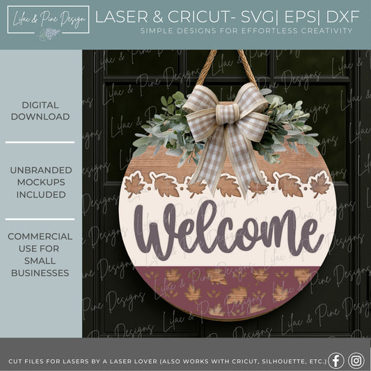 Fall leaf welcome sign SVG - autumn leaves door hanger SVG - laser cut file for fall decor - fall porch decor SVG - Cricut SVG