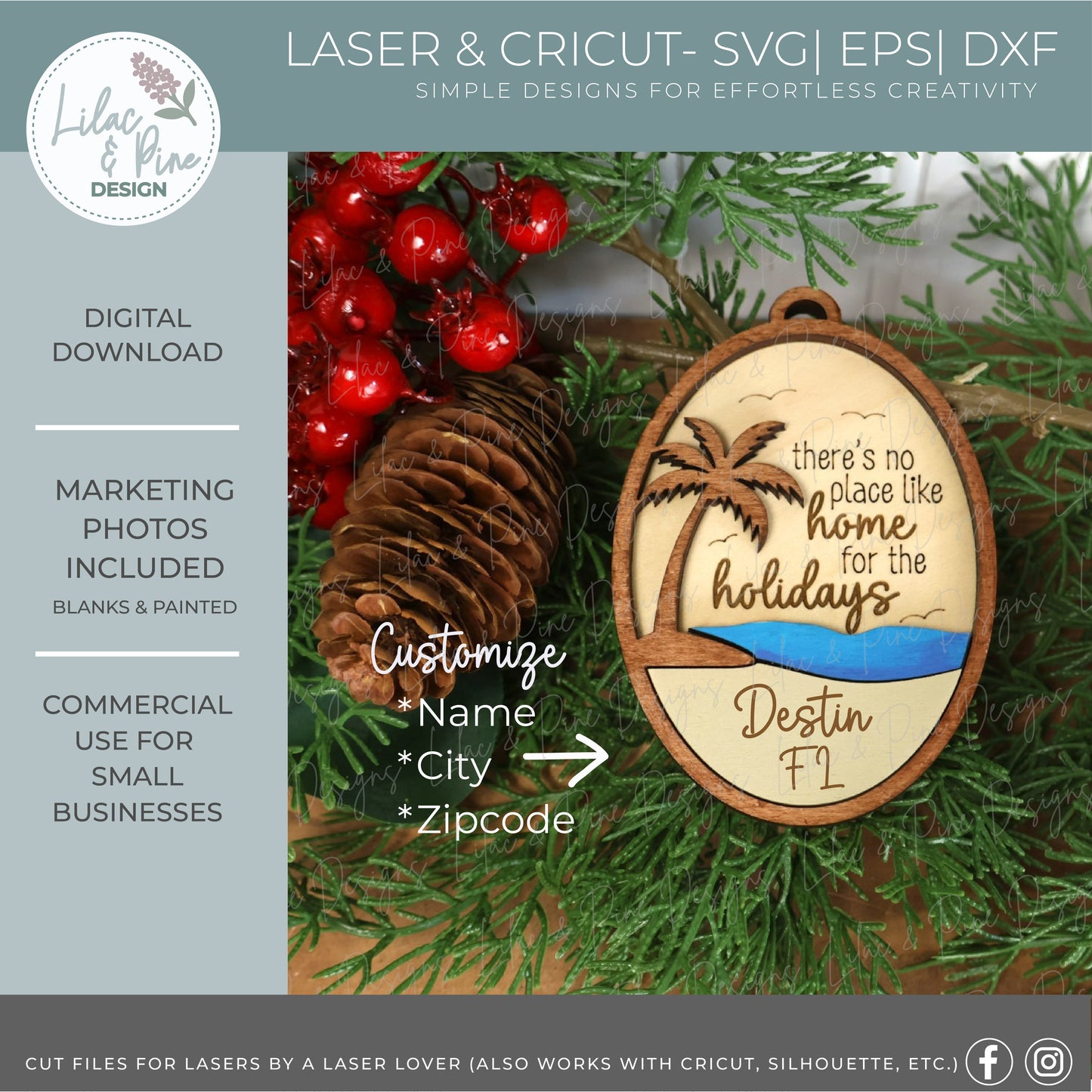 Beach Christmas Ornament SVG –  "Home for the Holidays” Oval Design - Customizable laser SVG