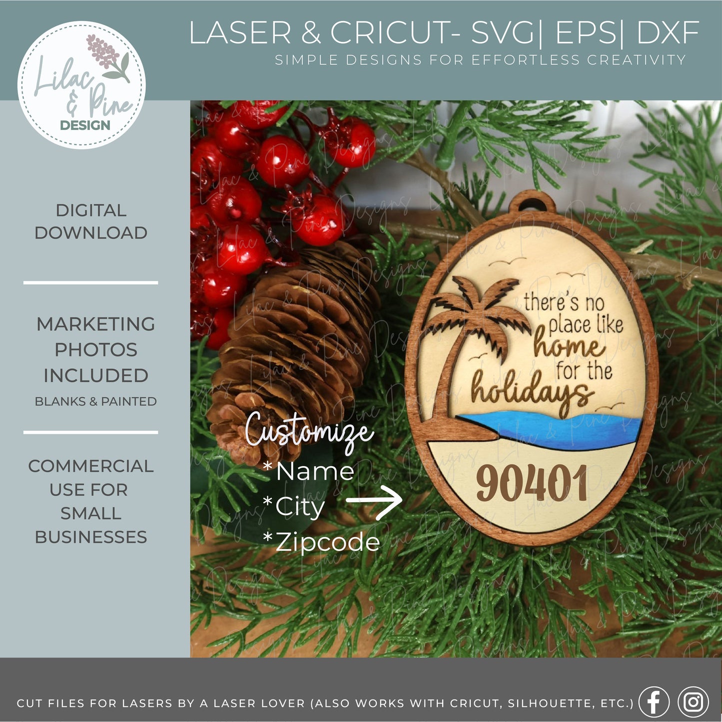 Beach Christmas Ornament SVG –  "Home for the Holidays” Oval Design - Customizable laser SVG
