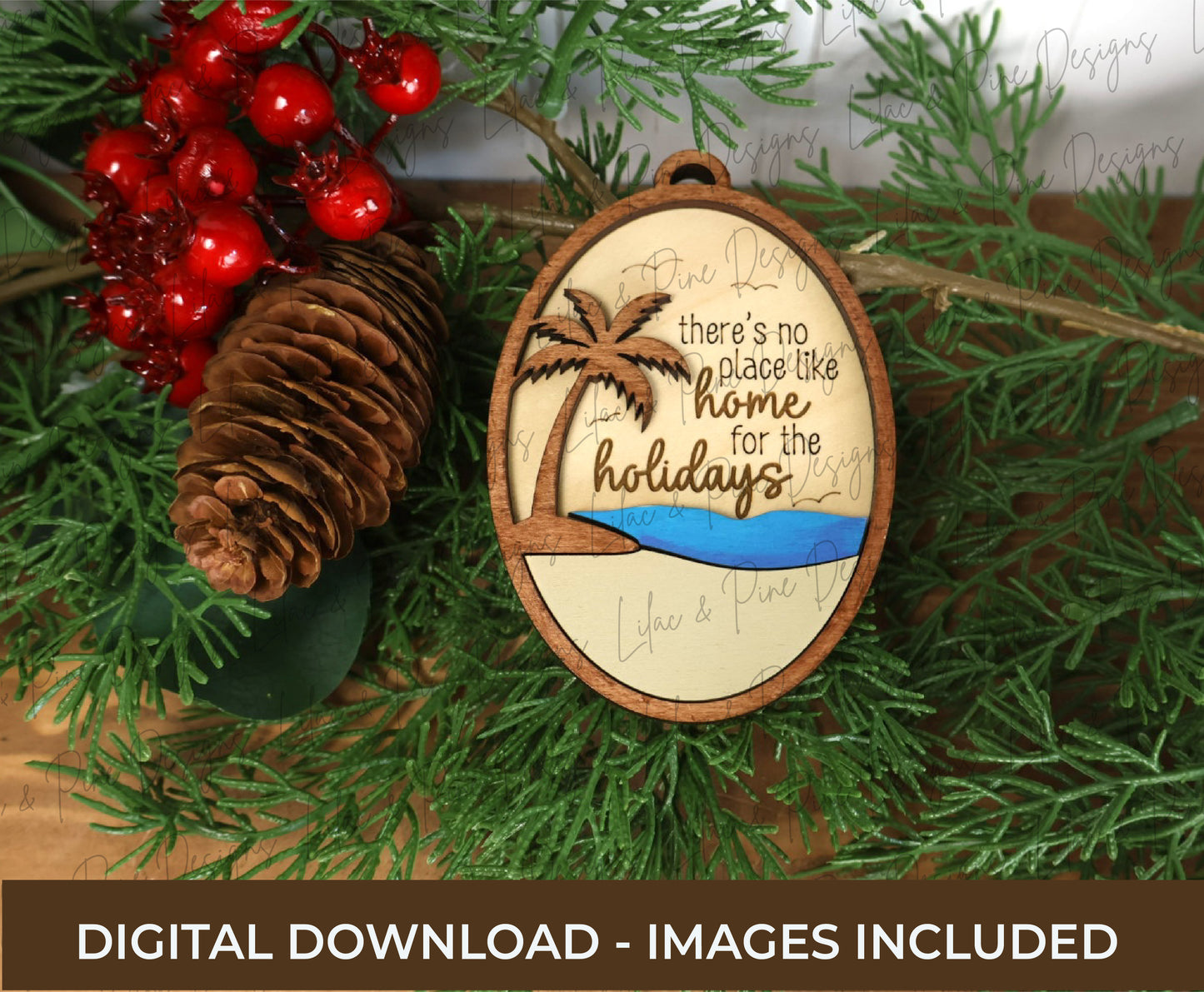 Beach Christmas Ornament SVG –  "Home for the Holidays” Oval Design - Customizable laser SVG