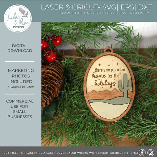 Desert Cactus Christmas Ornament SVG – Home for the Holidays laser cut file  - Modern Oval design SVG - Customizable Ornament