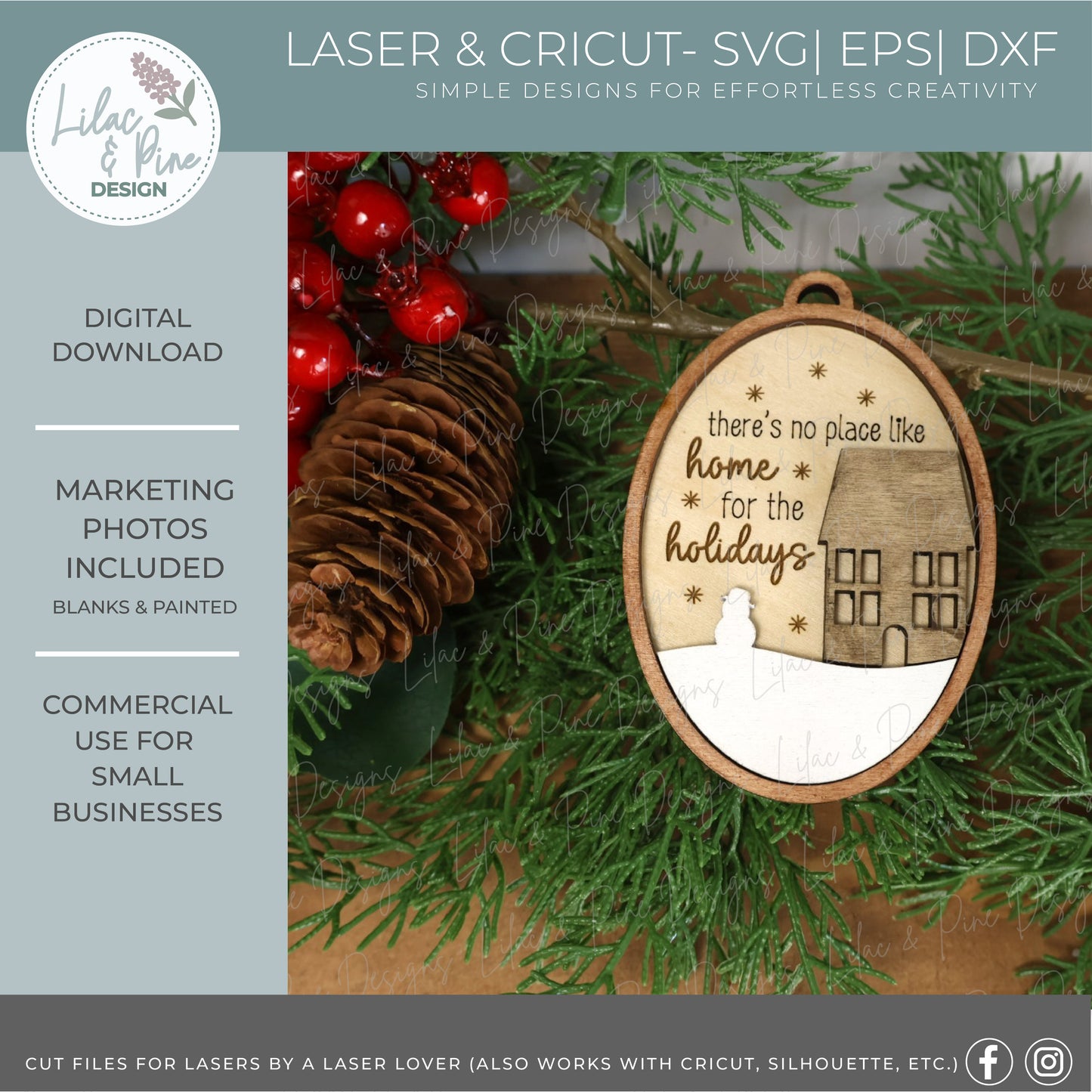 Snowy House Ornament SVG – Home for the Holidays oval design - customizable ornament - laser cut file for personalization
