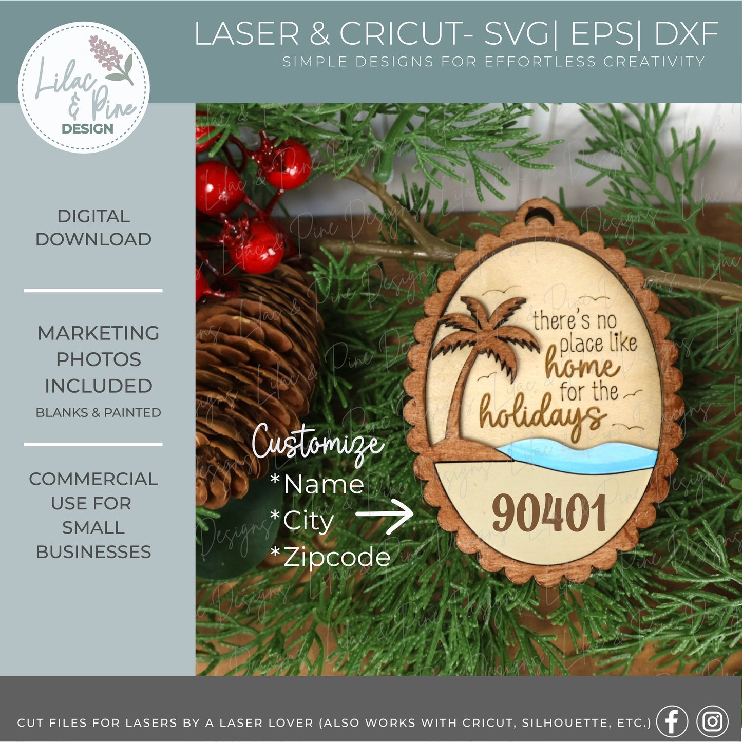 Beach Christmas Ornament SVG –  "Home for the Holidays” Oval Design - Customizable laser SVG