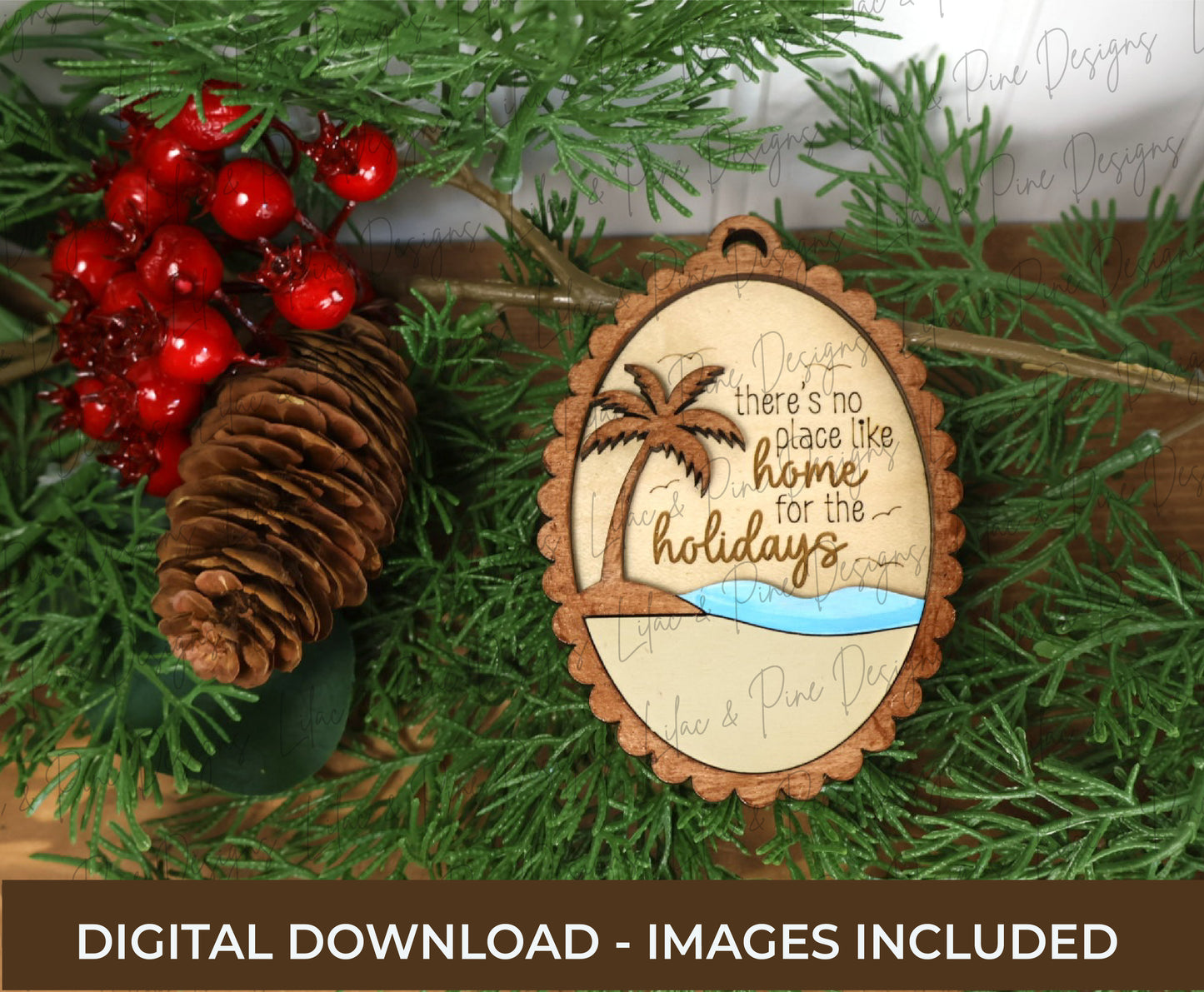 Beach Christmas Ornament SVG –  "Home for the Holidays” Oval Design - Customizable laser SVG