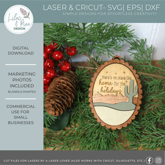 Desert Cactus Christmas Ornament SVG – Home for the Holidays laser cut file  - Modern Scalloped Oval SVG - Customizable Ornament