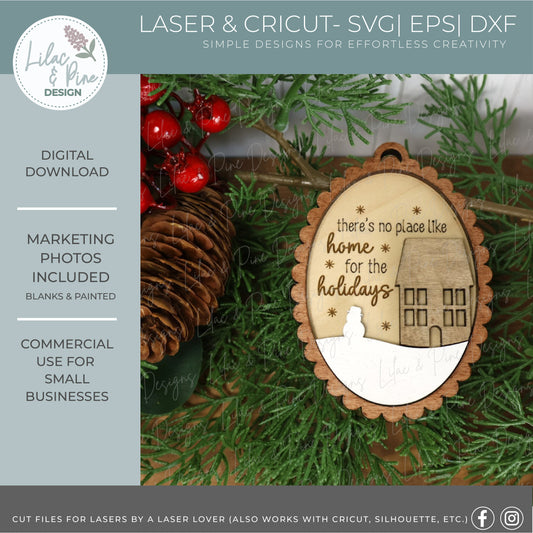 Snowy House Ornament SVG – Home for the Holidays Scalloped oval design - customizable ornament - laser cut file