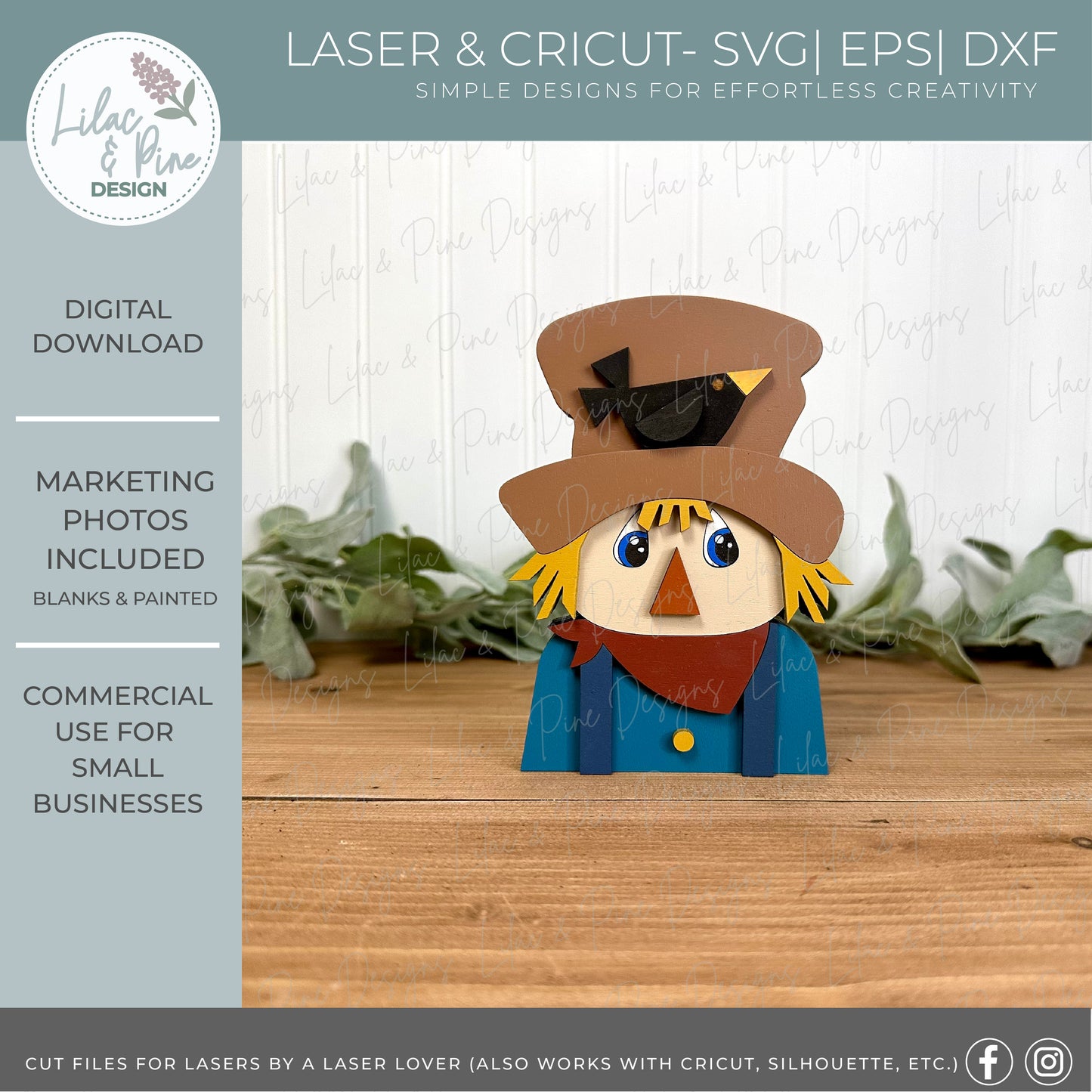 Chunky Scarecrow with Crow SVG – Laser Cut File for Fall Shelf Sitters, Tiered Tray Décor, and Paint Parties (SVG | EPS | DXF)