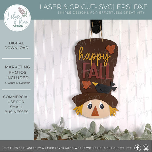 Happy Fall Scarecrow shaped door hanger SVG – Laser Cut File with autumn Leaves – Fall Door Hanger or Wall Sign - cute rustic fall porch decor - Glowforge SVG (SVG | EPS | DXF)