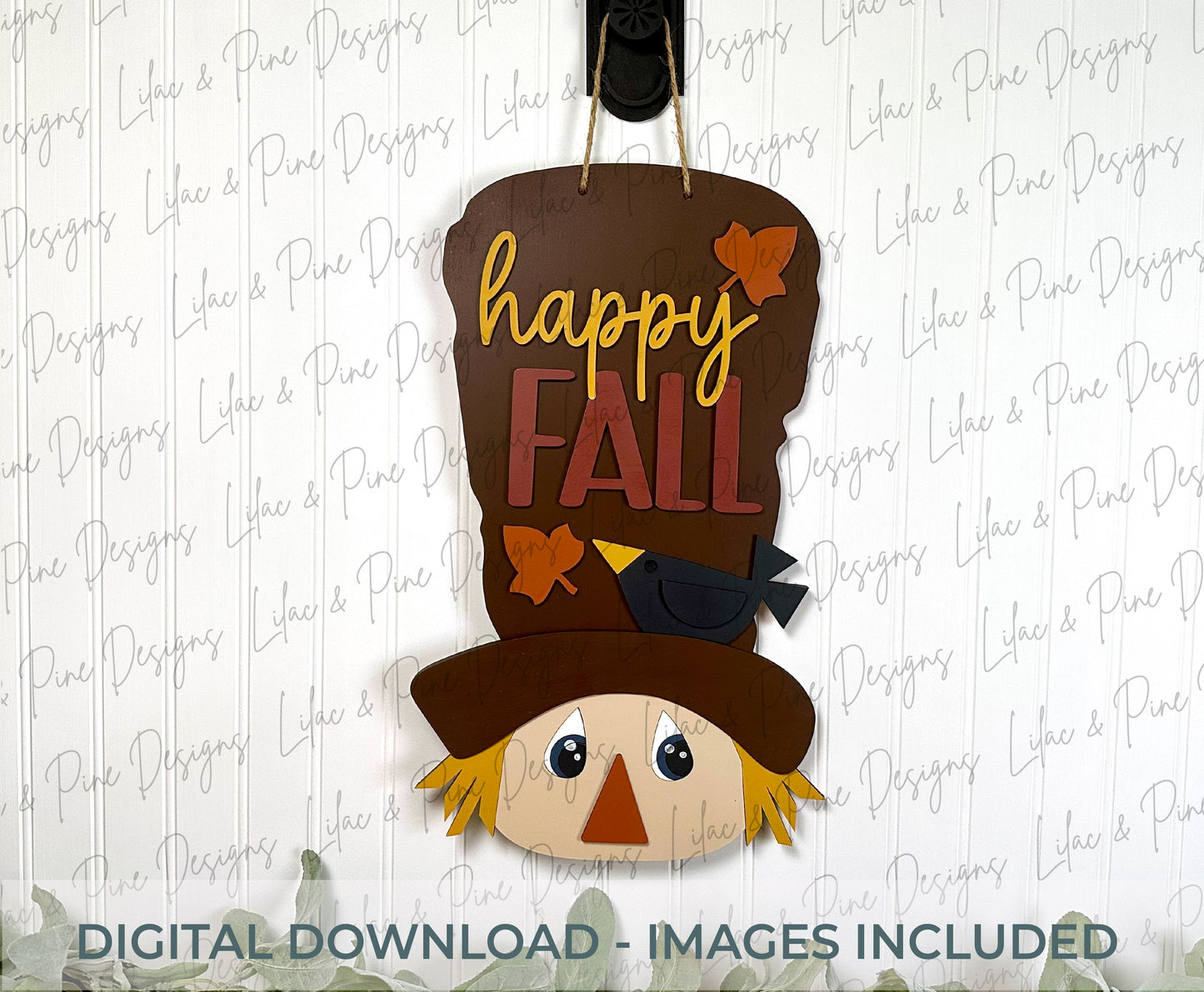 Happy Fall Scarecrow shaped door hanger SVG – Laser Cut File with autumn Leaves – Fall Door Hanger or Wall Sign - cute rustic fall porch decor - Glowforge SVG (SVG | EPS | DXF)