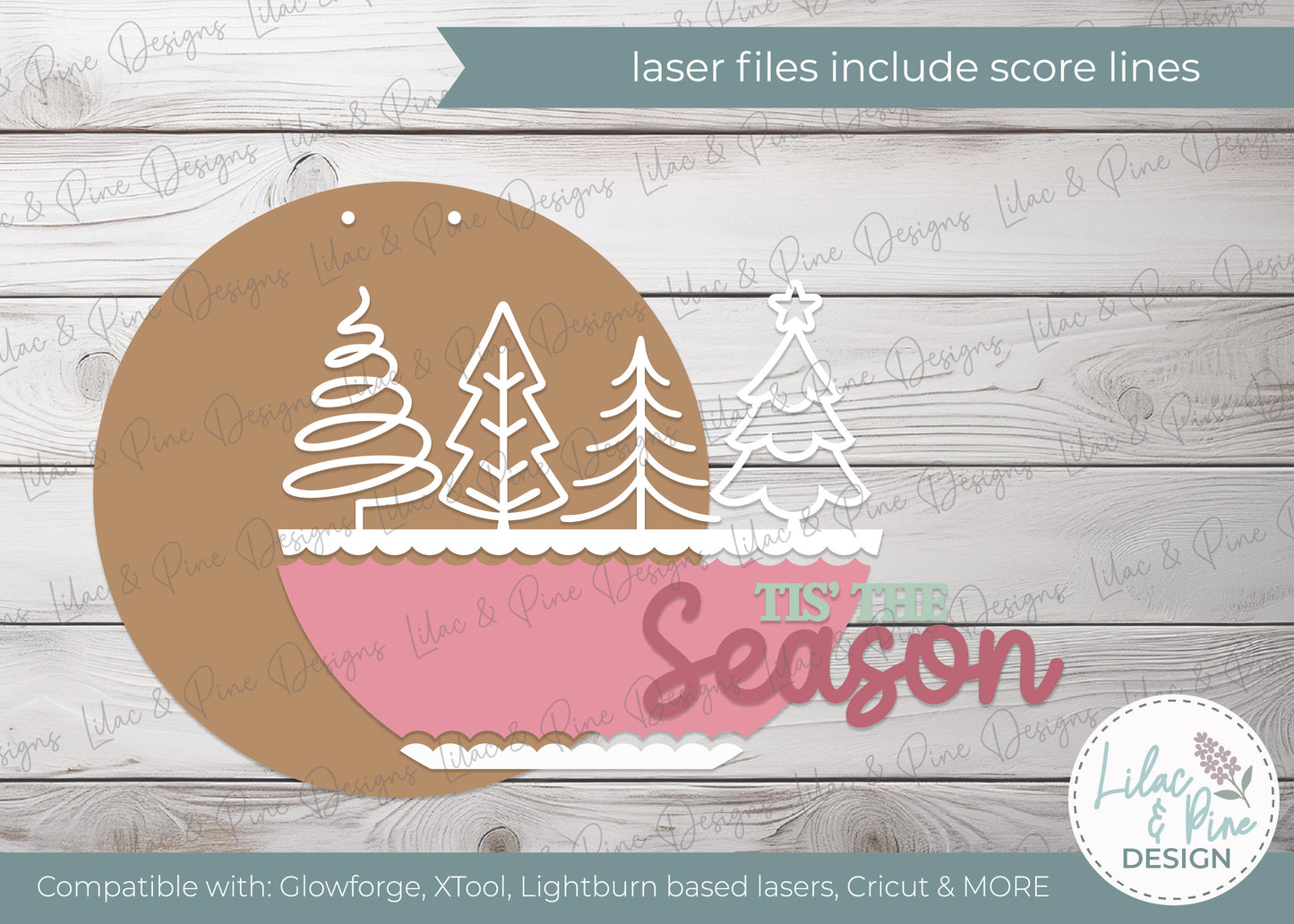 ’Tis the Season SVG – Line Art Christmas Trees Round Sign with Patterned Bottom - Holiday welcome sign - Cricut SVG - layered round sign with patterned bottom - laser cut file: xTool, Glowforge, Lightburn