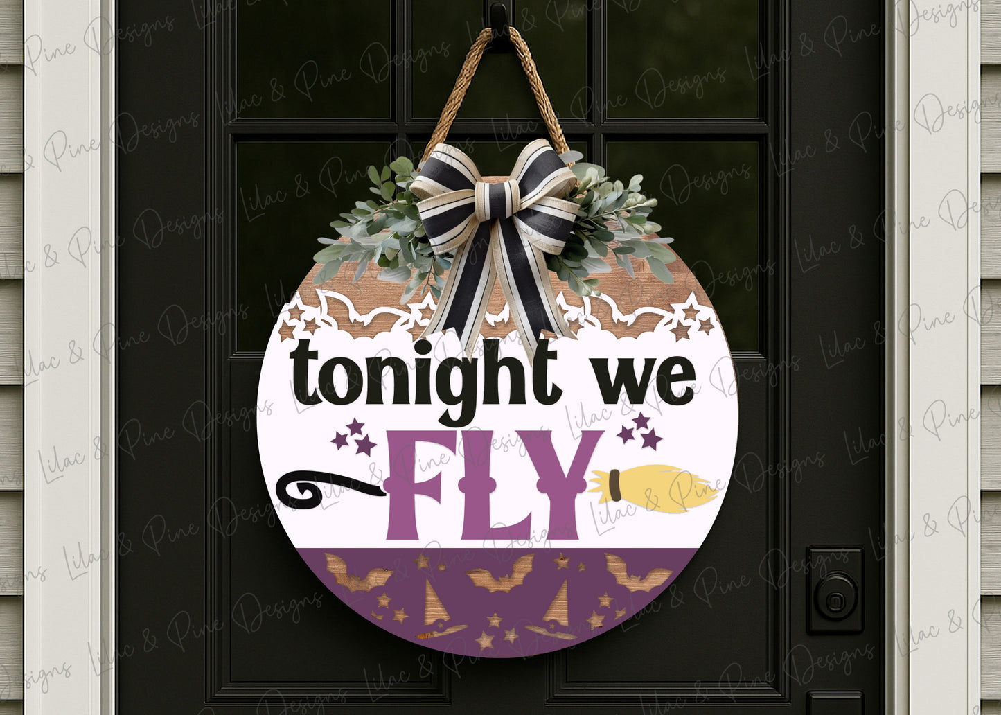 Tonight We Fly Door Hanger SVG – Witch Broom Halloween Laser Cut File - Spooky Season round sign - Cricut compatible