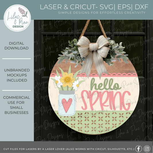 Hello Spring Round SVG | Layered Laser Cut Daffodil Mason Jar Door Hanger