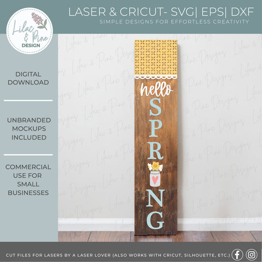 Hello Spring Porch Leaner SVG | Layered Mason Jar Laser Cut Vertical Spring Sign