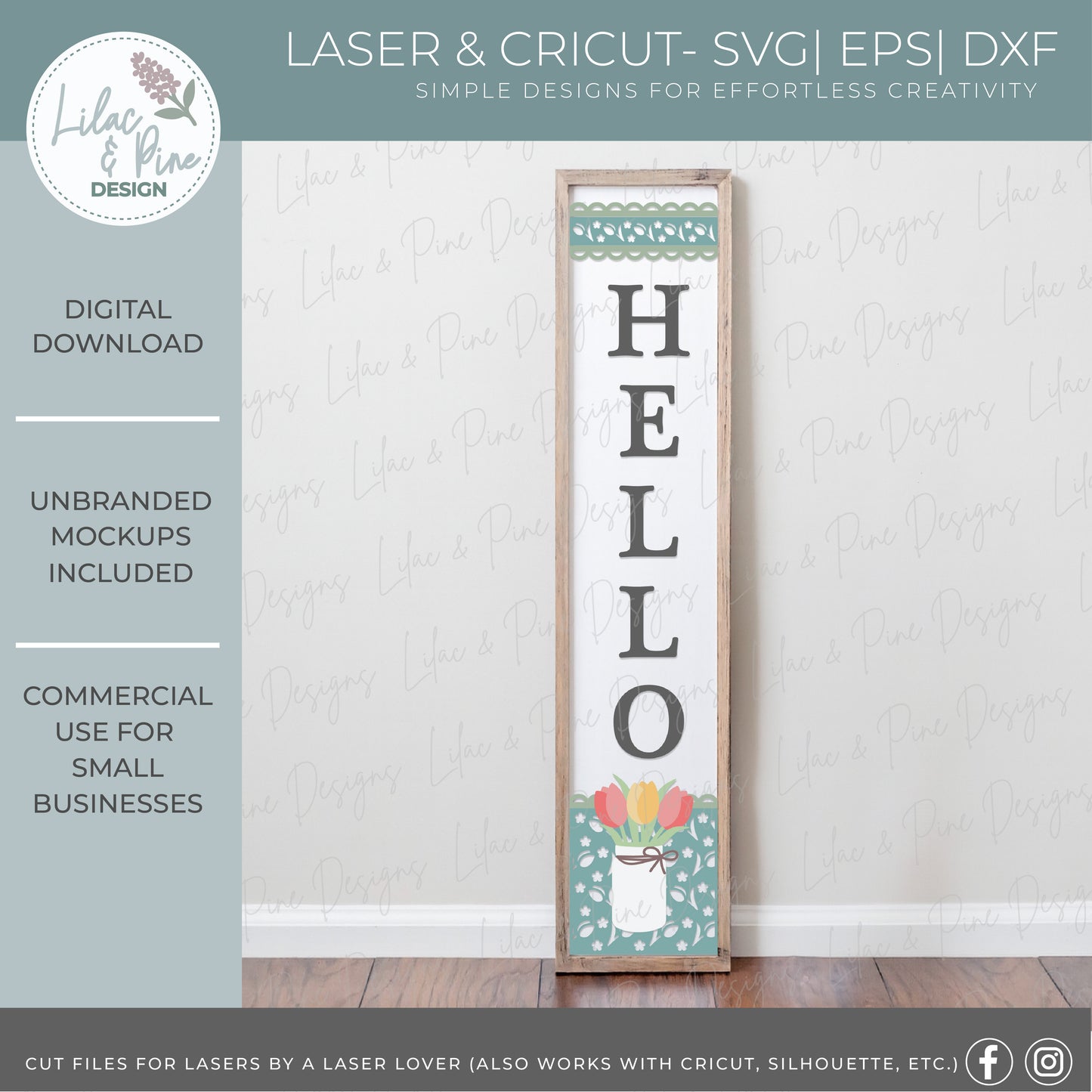 Hello Tulip Mason Jar Leaner SVG | Vertical Spring Porch Sign Laser Cut File