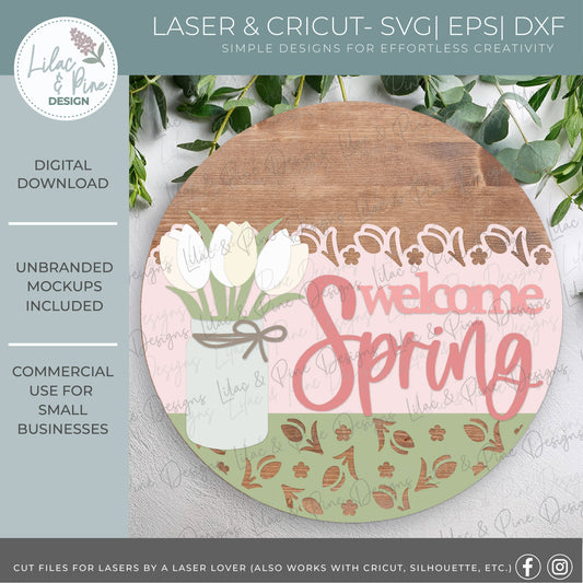 Welcome Spring Round SVG | Layered Tulip Mason Jar Door Hanger Laser Cut File