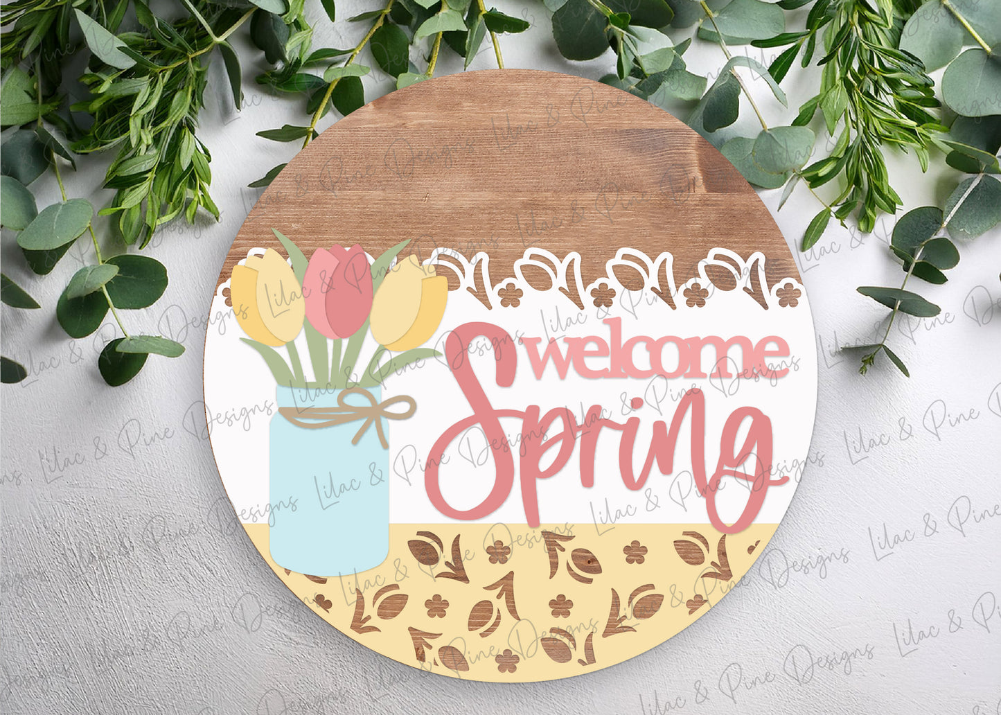 Welcome Spring Round SVG | Layered Tulip Mason Jar Door Hanger Laser Cut File