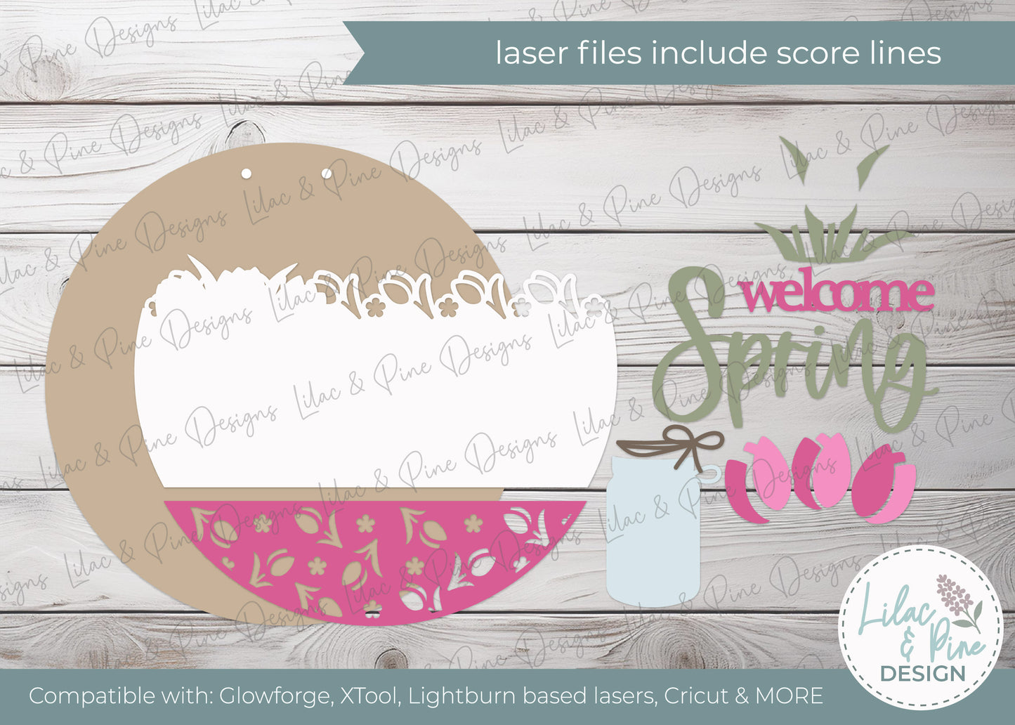 Welcome Spring Round SVG | Layered Tulip Mason Jar Door Hanger Laser Cut File