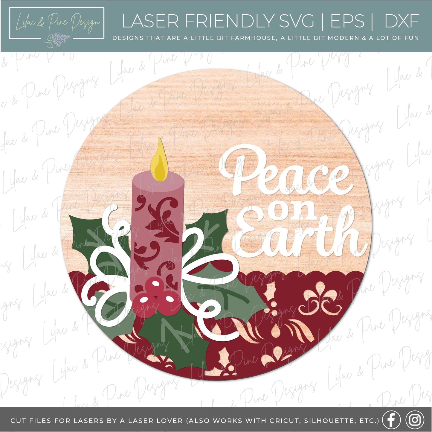 Christmas candle SVG, Elegant Christmas door hanger SVG, Peace on Earth svg, Silent Night welcome sign svg, laser cut file, Glowforge file