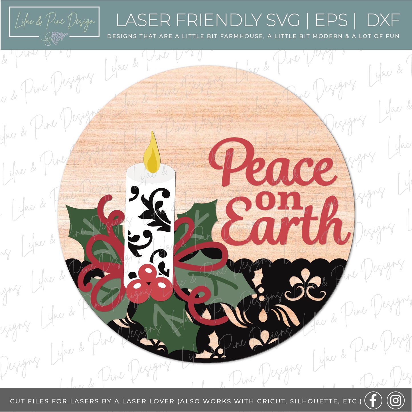 Christmas candle SVG, Elegant Christmas door hanger SVG, Peace on Earth svg, Silent Night welcome sign svg, laser cut file, Glowforge file