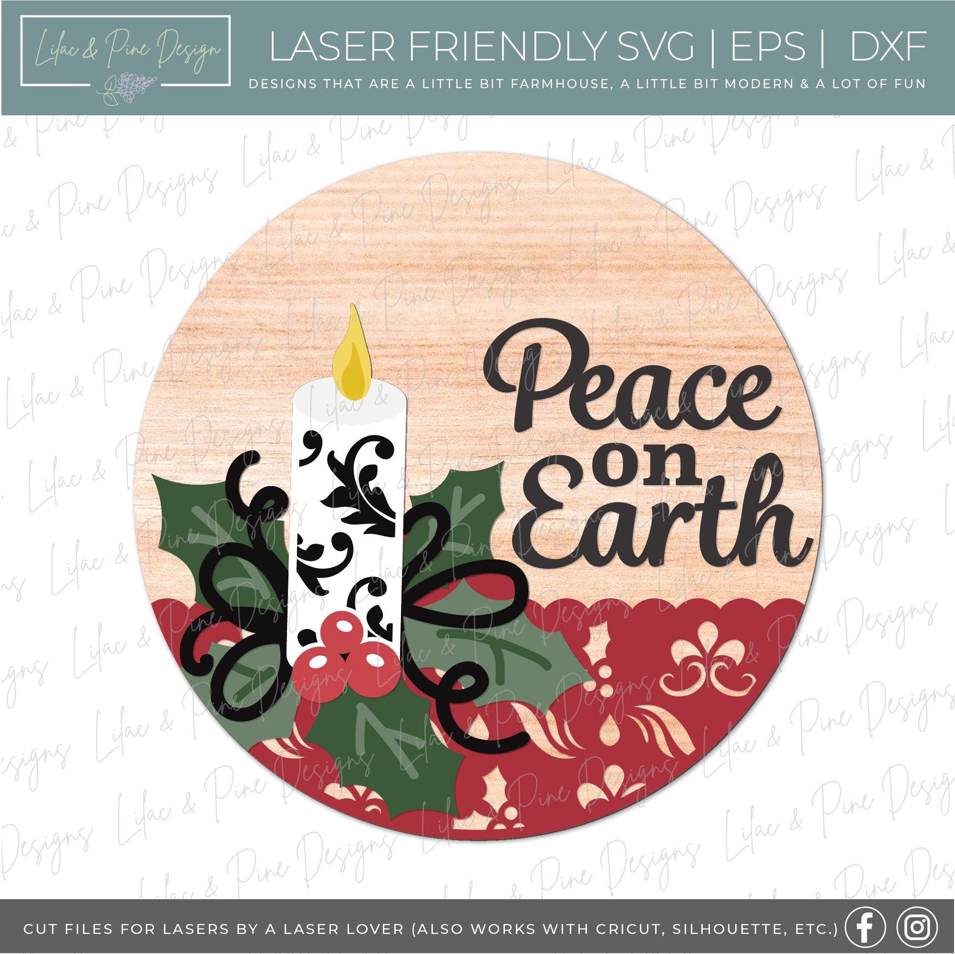 Christmas candle SVG, Elegant Christmas door hanger SVG, Peace on Earth svg, Silent Night welcome sign svg, laser cut file, Glowforge file