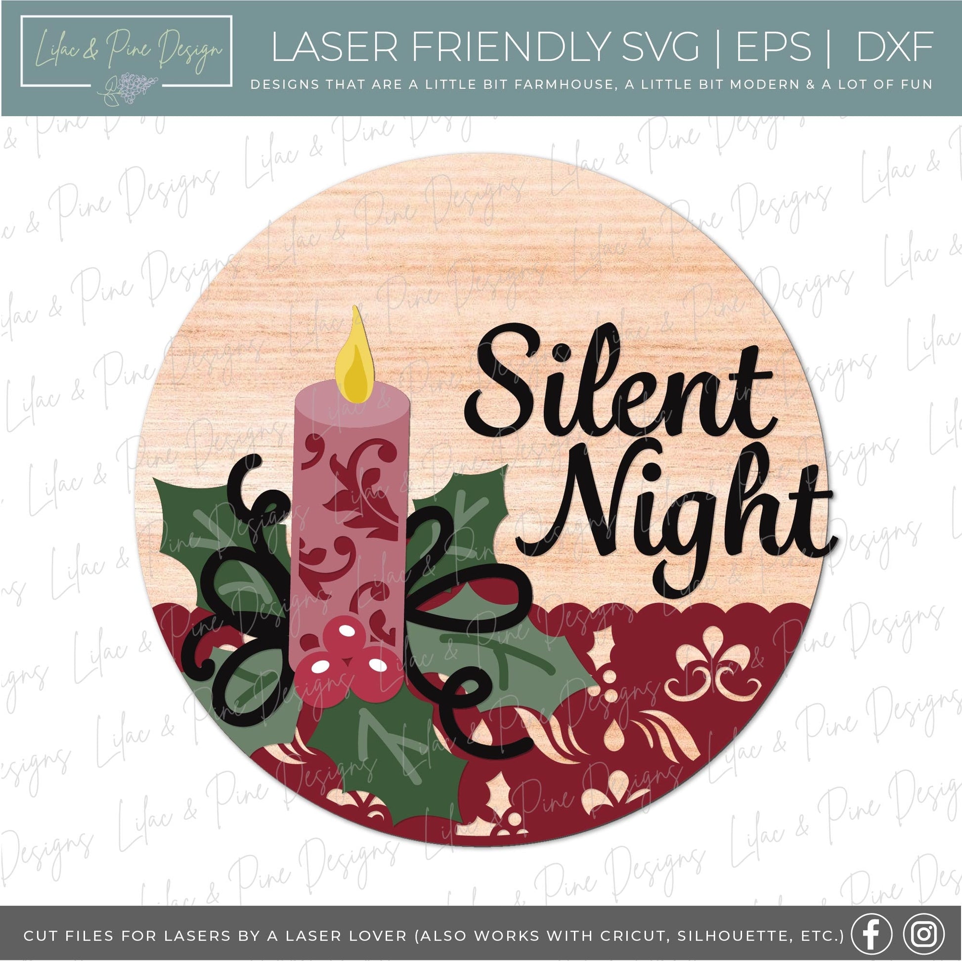 Christmas candle SVG, Elegant Christmas door hanger SVG, Peace on Earth svg, Silent Night welcome sign svg, laser cut file, Glowforge file