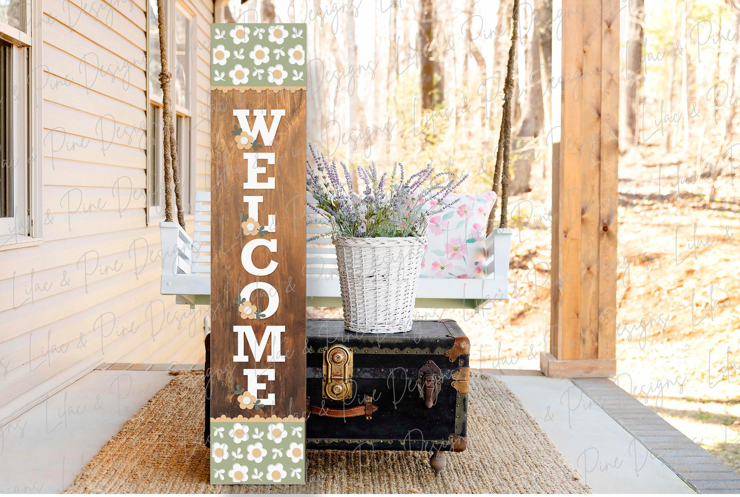 Mod daisy Welcome sign, Floral porch leaner SVG, spring flower laser design, summer daisy porch decor, Glowforge SVG, laser cut file