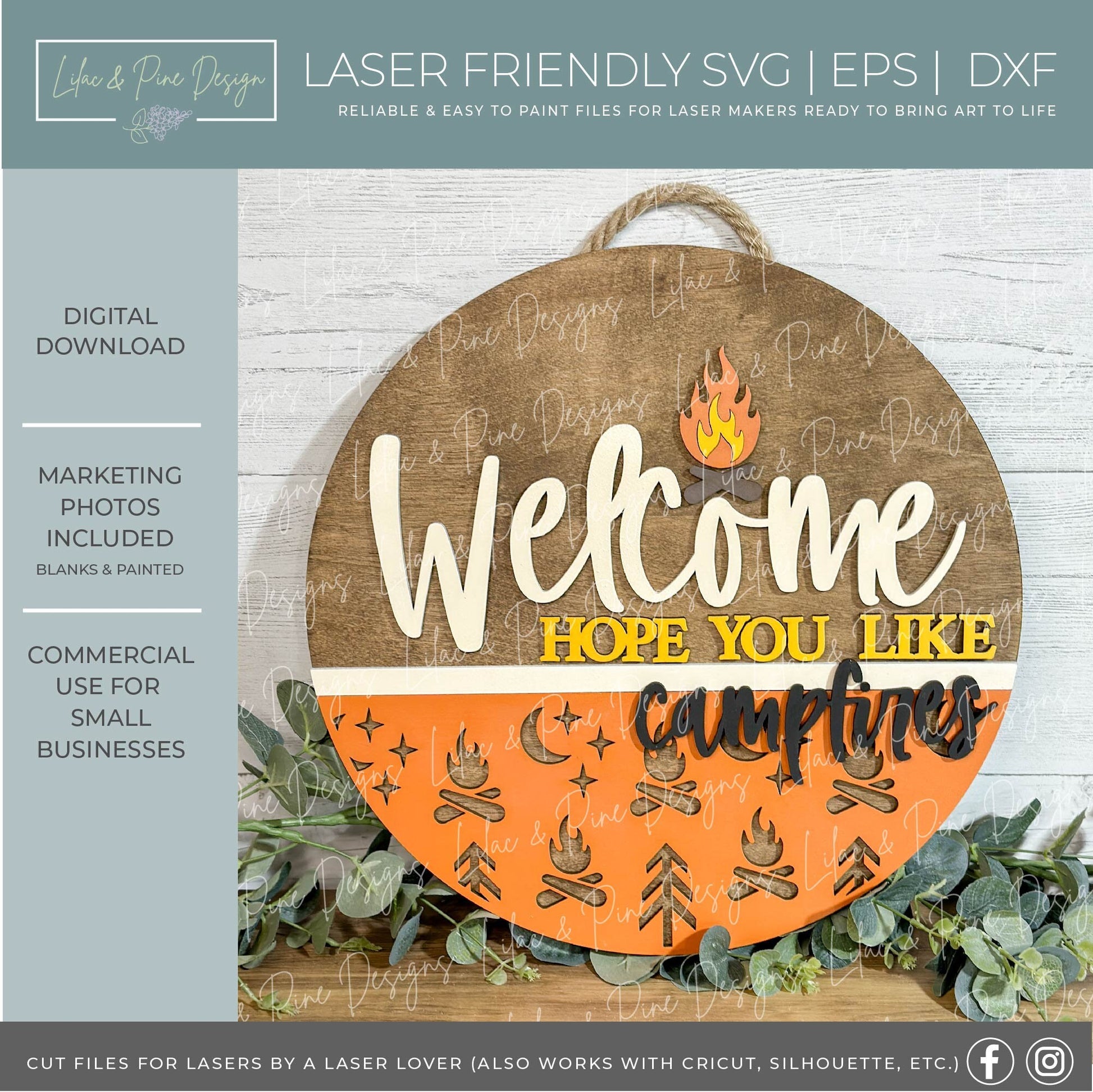 Summer Camping door hanger, Campground welcome sign SVG, campfire laser design, Cabin decor, lake house sign, Glowforge SVG, laser cut file