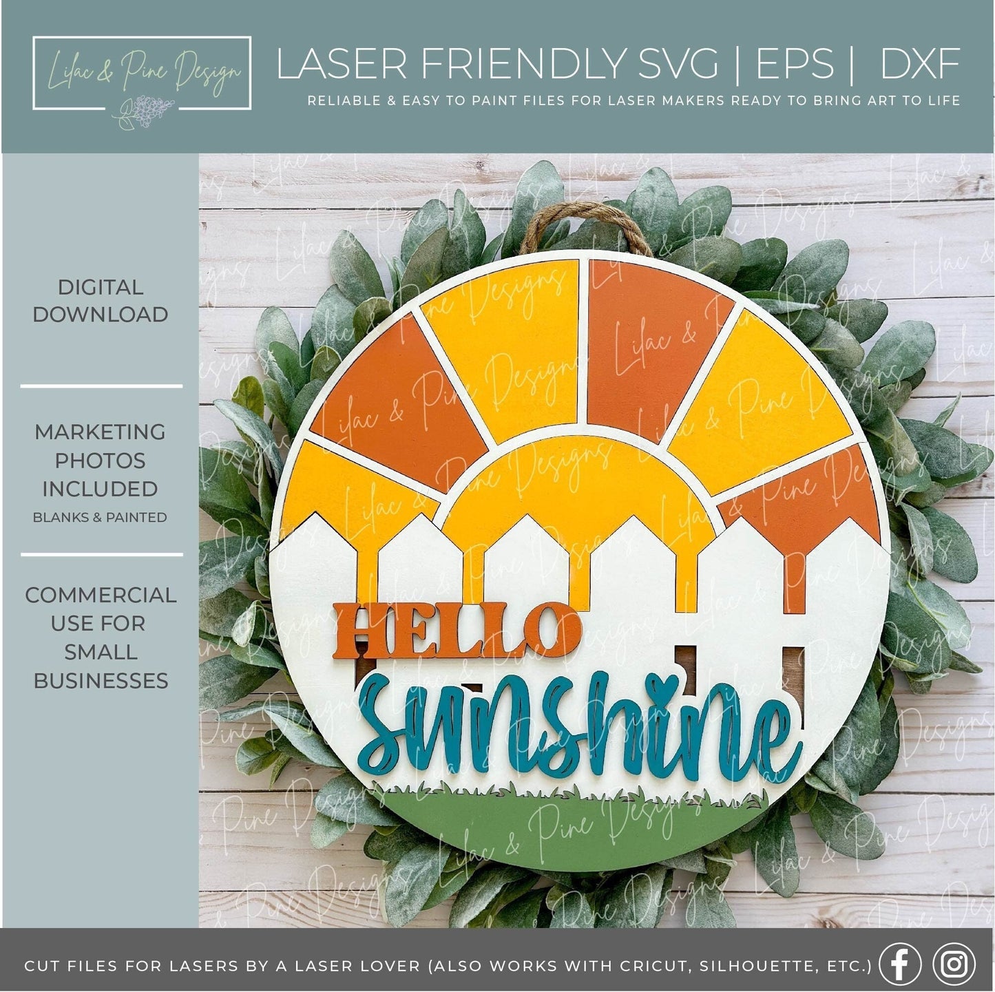 Hello sunshine door hanger, Summer welcome sign SVG, round sign, cute sunrise fence SVG, Spring laser design, Glowforge SVG, laser cut file