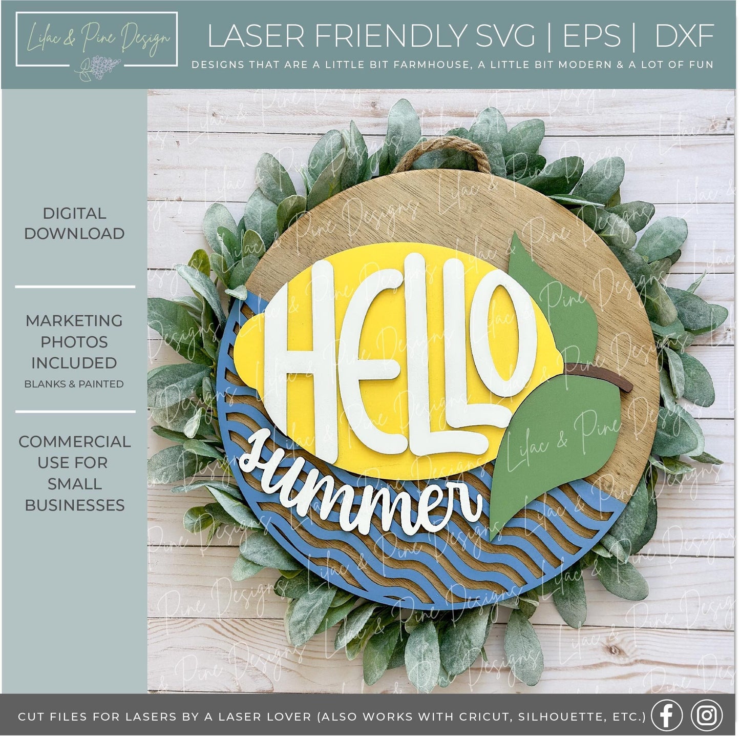 Hello summer door hanger, lemon welcome sign SVG, lemon round sign, Summer laser design, summer porch decor, Glowforge SVG, laser cut file