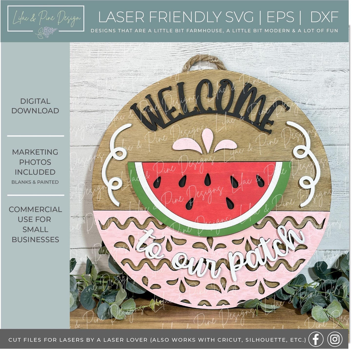 Summer Watermelon door hanger, Welcome to our Patch SVG, cute summer laser design, Watermelon porch decor, Glowforge SVG, laser cut file