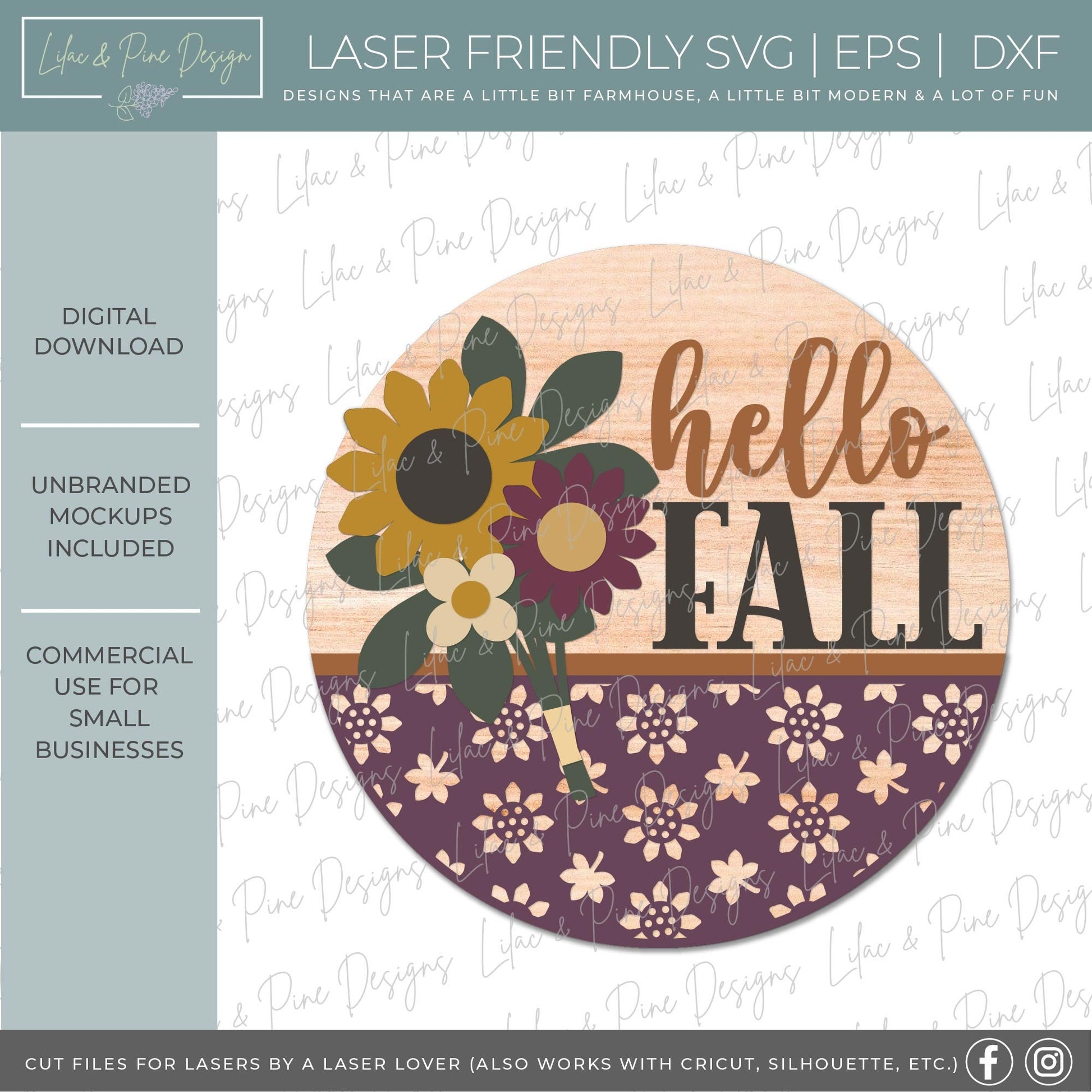 Hello fall door hanger, Pretty fall welcome sign SVG, sunflower round sign, autumn floral door hanger SVG, Glowforge SVG, laser cut file