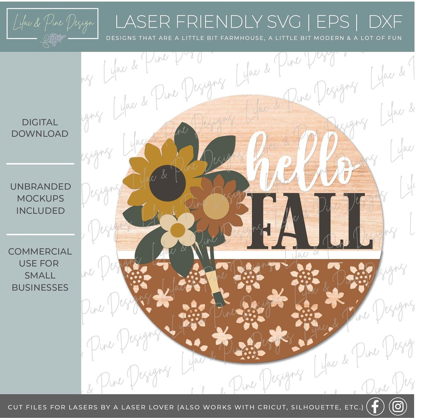 Hello fall door hanger, Pretty fall welcome sign SVG, sunflower round sign, autumn floral door hanger SVG, Glowforge SVG, laser cut file