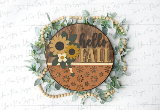 Hello fall door hanger, Pretty fall welcome sign SVG, sunflower round sign, autumn floral door hanger SVG, Glowforge SVG, laser cut file