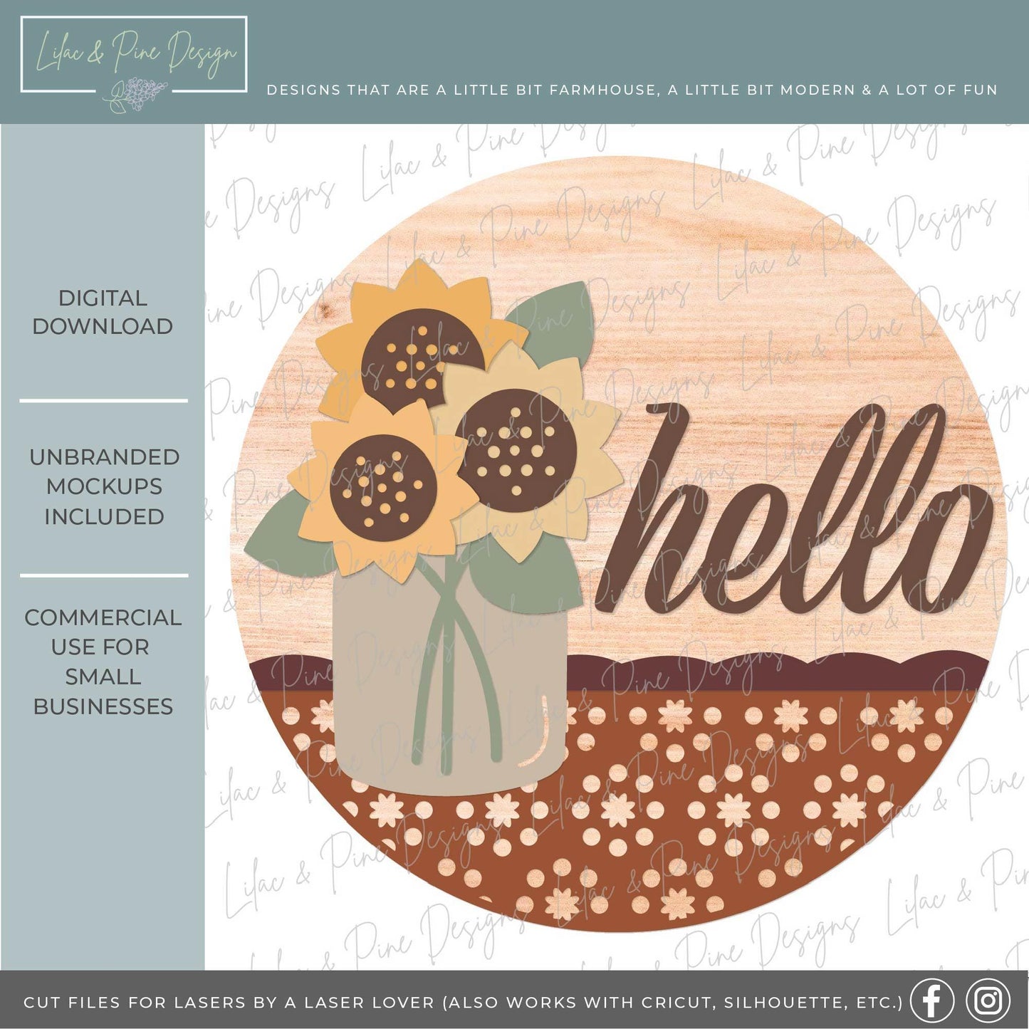 Hello sunflower door hanger SVG, fall welcome sign SVG, summer sign, floral sign, door hanger pattern, Glowforge SVG, laser cut file