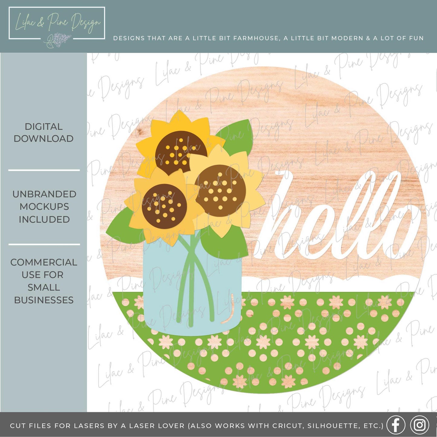 Hello sunflower door hanger SVG, fall welcome sign SVG, summer sign, floral sign, door hanger pattern, Glowforge SVG, laser cut file