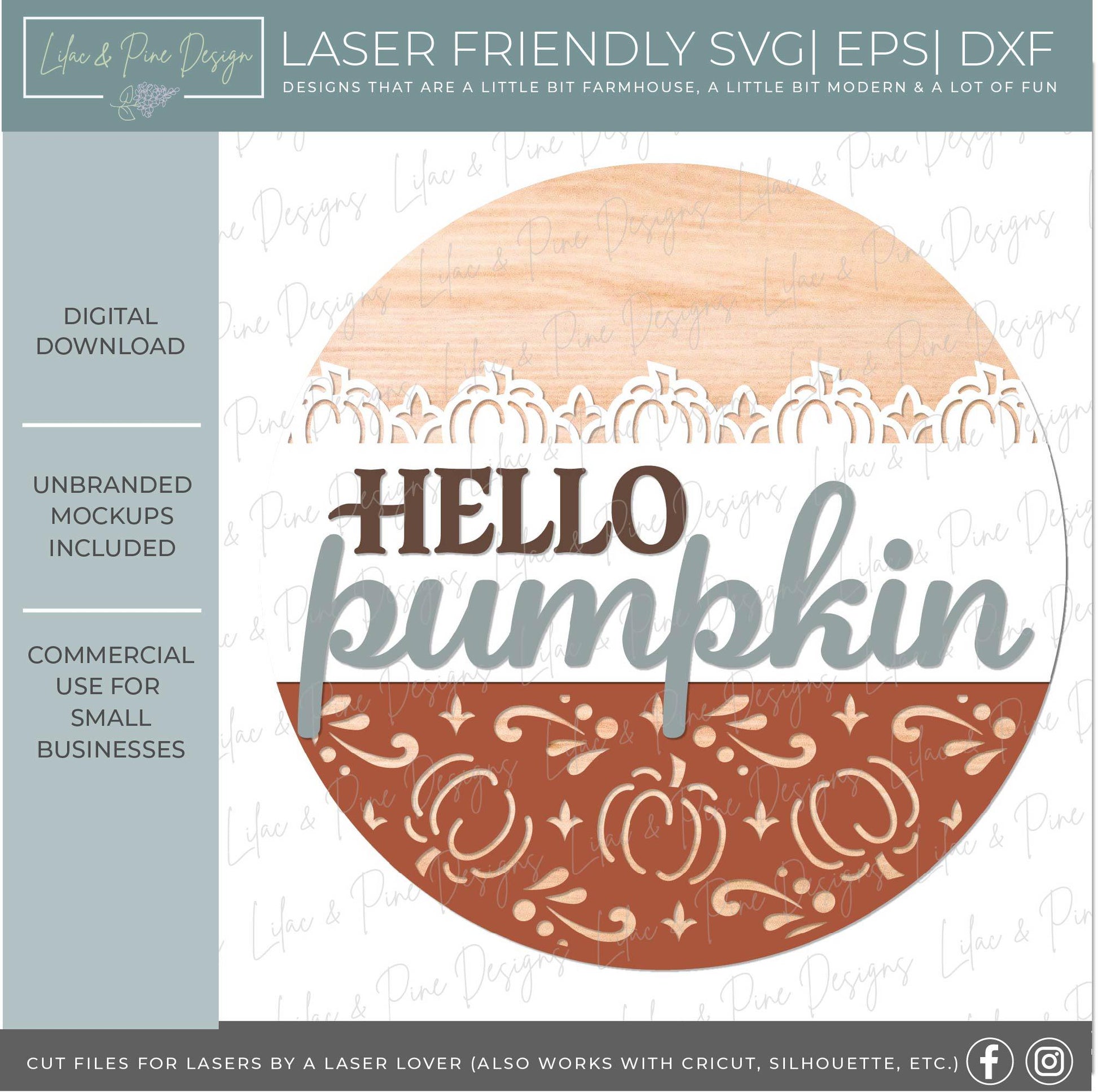 Hello pumpkin door hanger SVG, elegant fall welcome sign SVG, autumn porch decor, pumpkin round sign template, Glowforge SVG, laser cut file