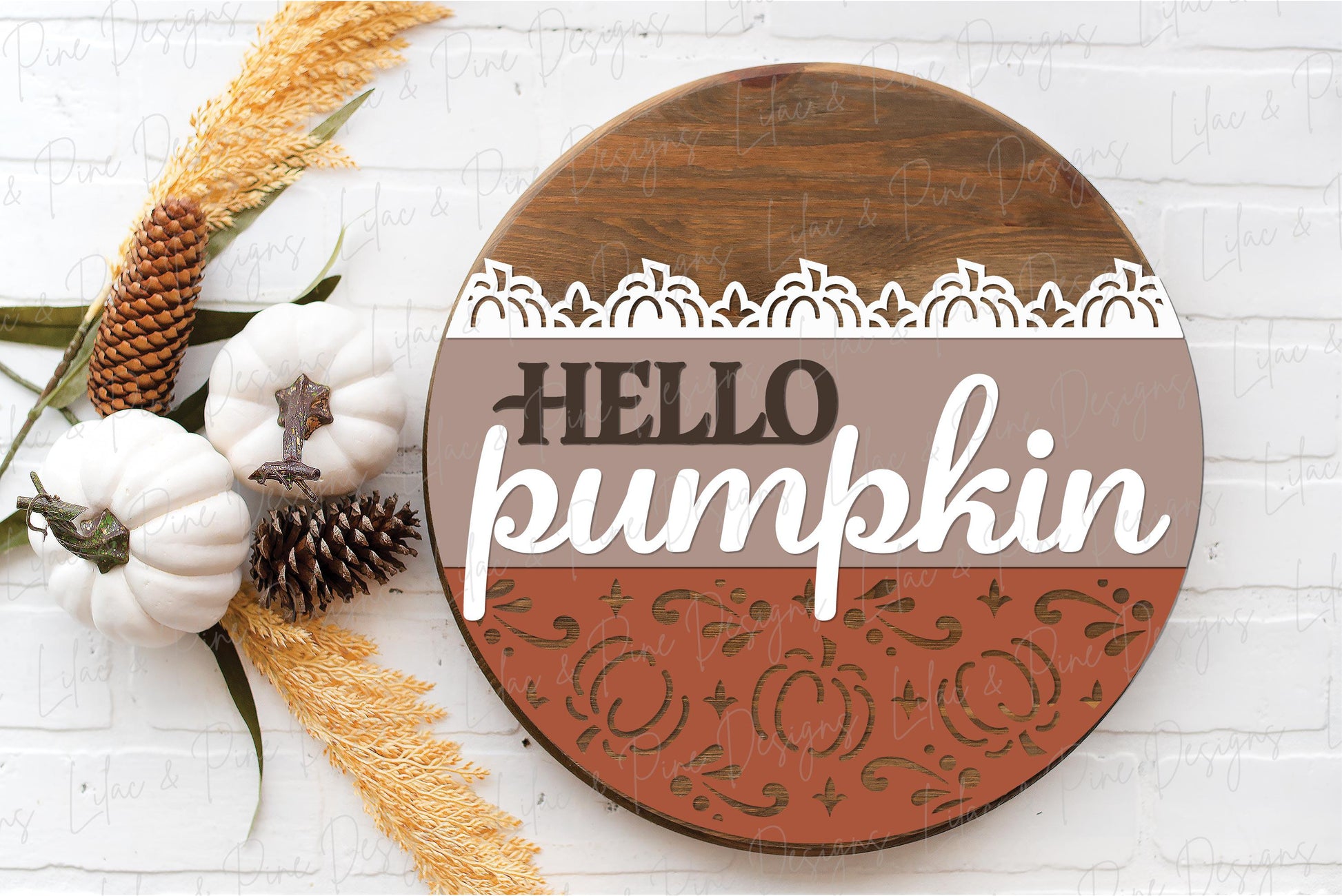 Hello pumpkin door hanger SVG, elegant fall welcome sign SVG, autumn porch decor, pumpkin round sign template, Glowforge SVG, laser cut file