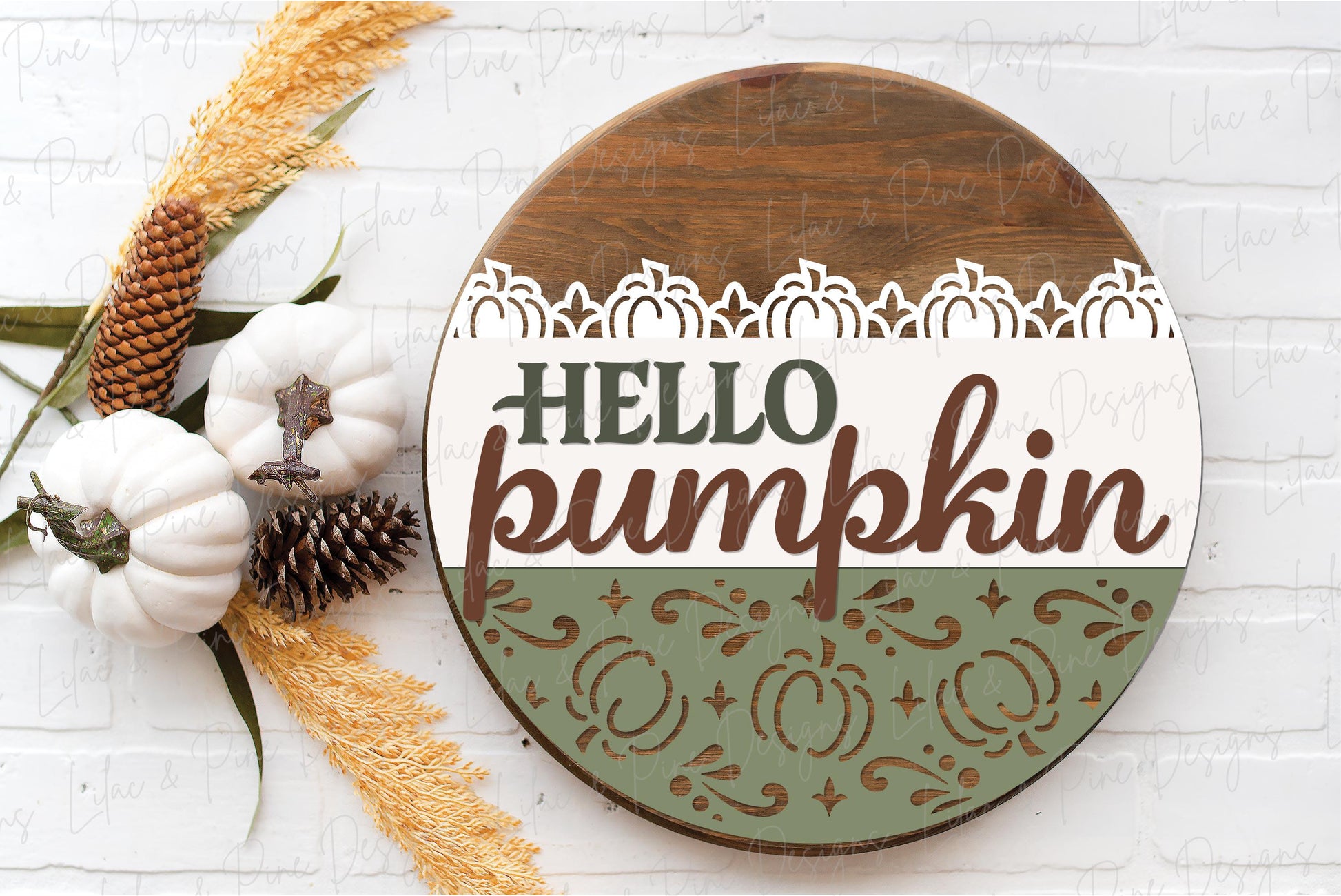 Hello pumpkin door hanger SVG, elegant fall welcome sign SVG, autumn porch decor, pumpkin round sign template, Glowforge SVG, laser cut file