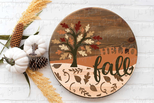 Hello fall door hanger SVG, oak leaf welcome sign SVG, fall porch decor, fall leaves round sign, sign pattern, Glowforge SVG, laser cut file