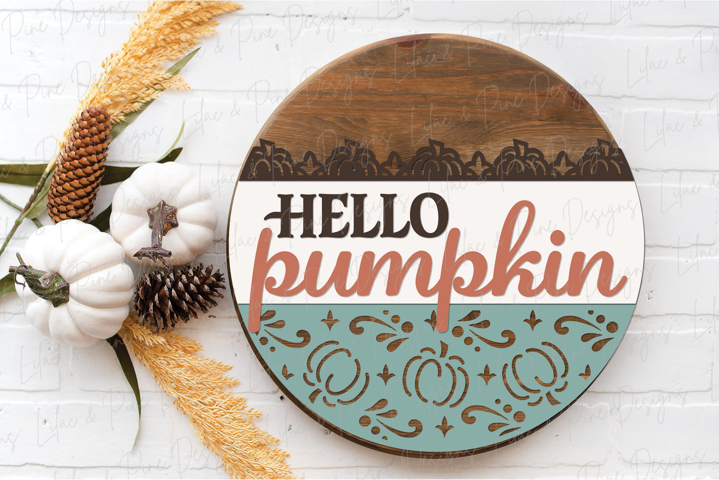 Hello pumpkin door hanger SVG, elegant fall welcome sign SVG, autumn porch decor, pumpkin round sign template, Glowforge SVG, laser cut file