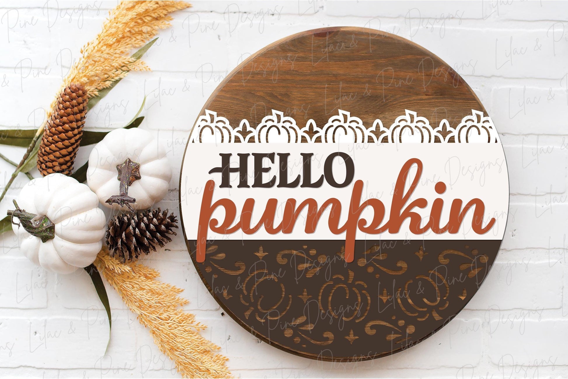 Hello pumpkin door hanger SVG, elegant fall welcome sign SVG, autumn porch decor, pumpkin round sign template, Glowforge SVG, laser cut file