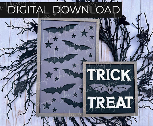 Trick or Treat sign set SVG, Halloween SVG, flying bat signs, Creepy signs SVG, Spooky season decor, Glowforge svg, laser cut file