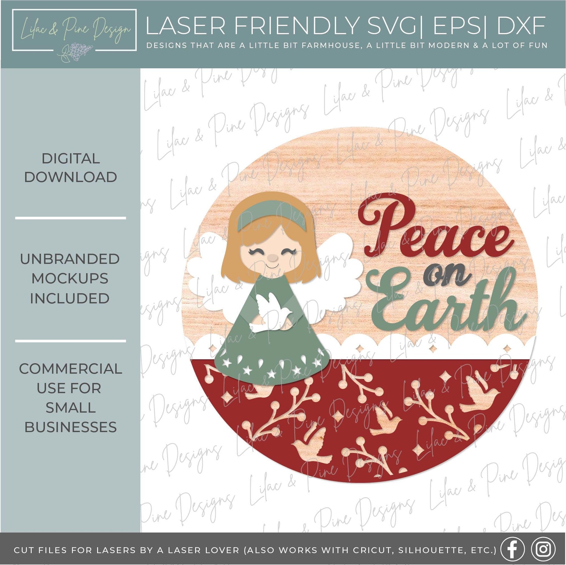 Peace on Earth round sign SVG, Christmas Angel SVG, welcome SVG, Holiday door hanger svg, sign party template, Glowforge Svg, laser cut file