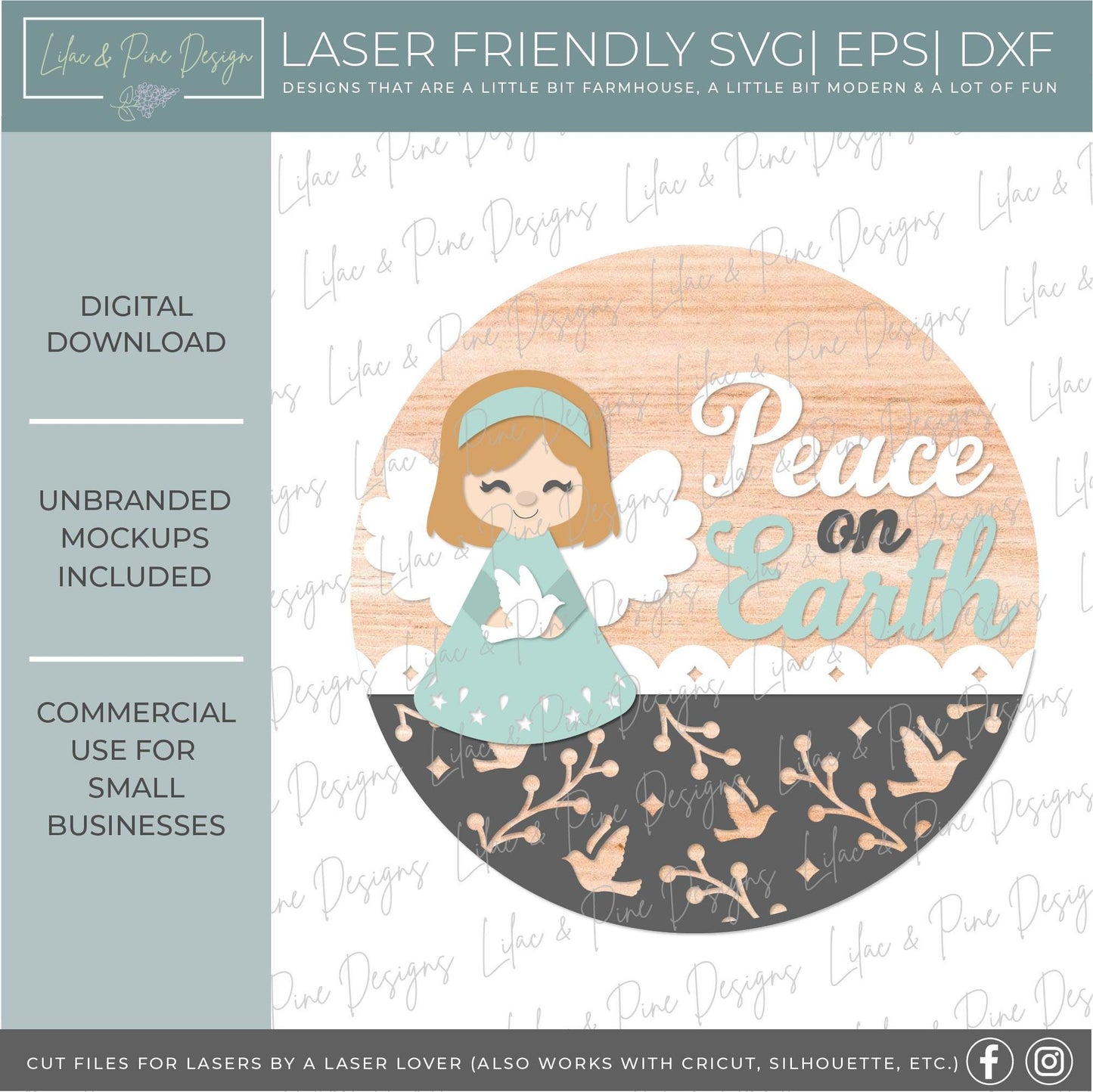 Peace on Earth round sign SVG, Christmas Angel SVG, welcome SVG, Holiday door hanger svg, sign party template, Glowforge Svg, laser cut file